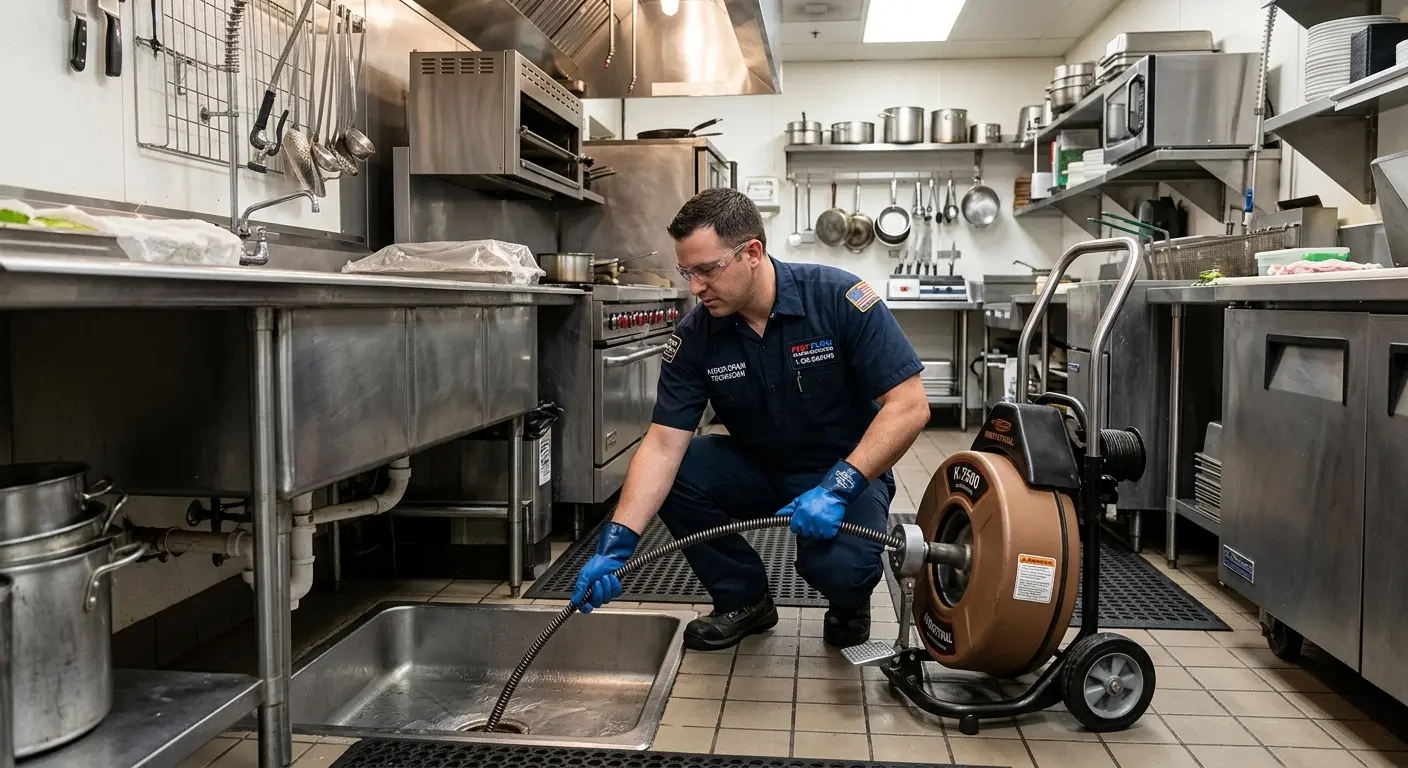 Commercial drain cleaning service in a restaurant kitchen in Lyndhurst