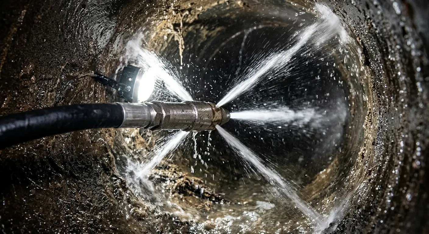 High-pressure hydro jetting nozzle cleaning sewer pipe for Sewer Cleanout in Lyndhurst