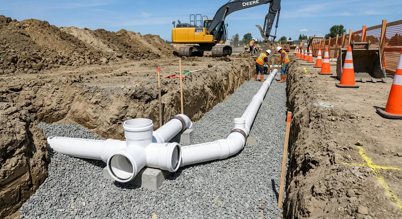 New PVC sewer pipe installation in open trench for Commercial Drain Cleaning in Lyndhurst