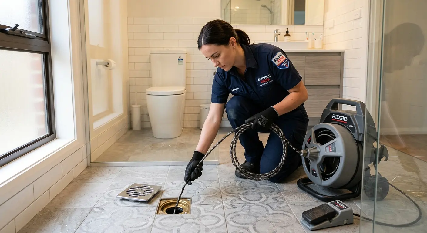 Technician clearing a bathroom floor drain for Sewer Line Replacement in Lyndhurst